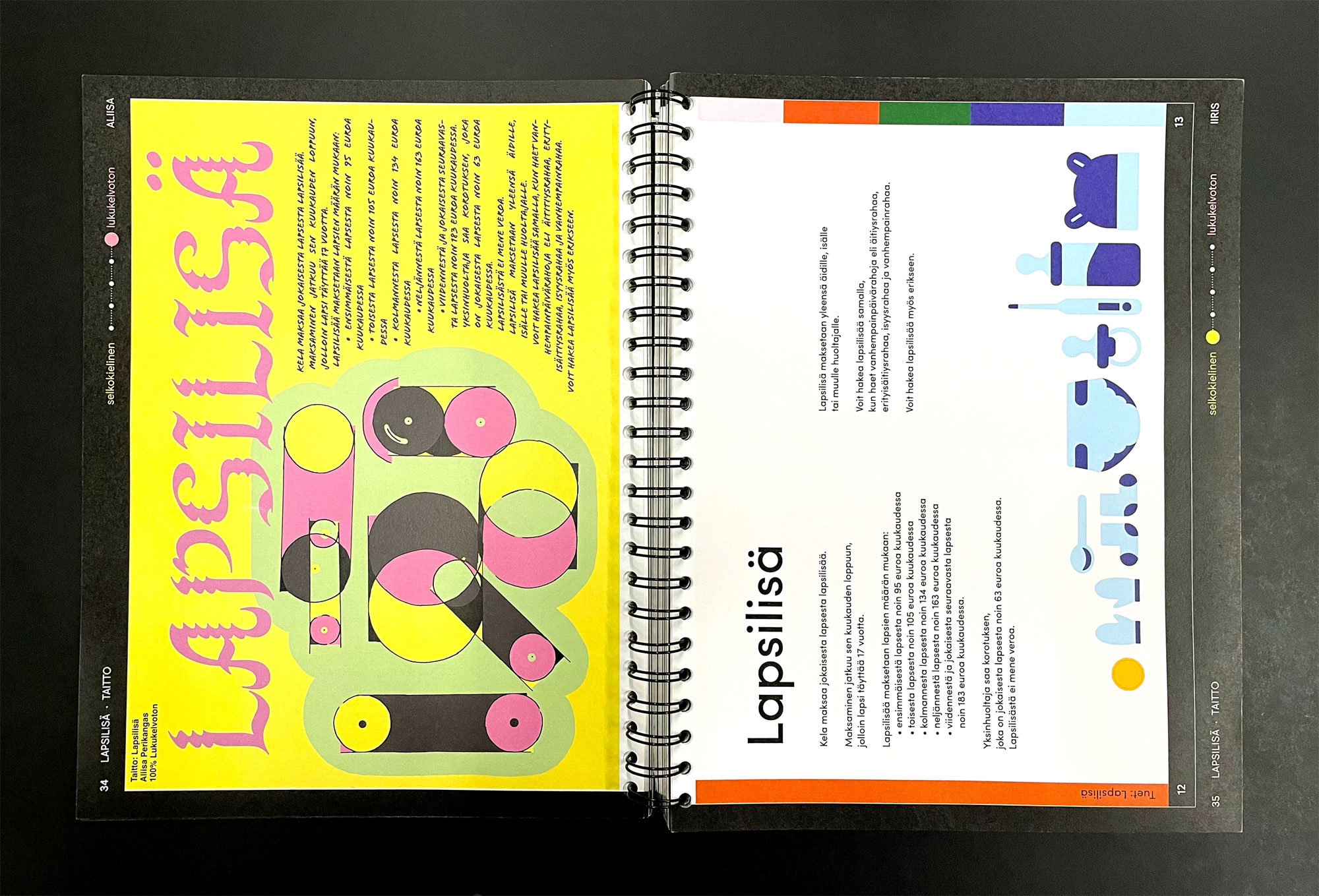 Katalogi Selkokeskuksen kanssa tehdyn projektin kokeiluista. Graafinen suunnittelu Ulla Eronen.  
